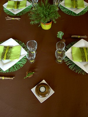 Décoration de table marron et vert anis.